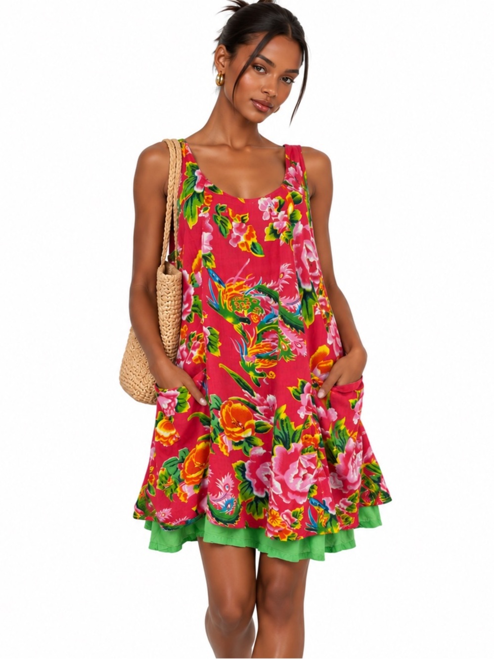 LA FIANCEE DU MEKONG 100% Cotton Floral Pink & Green Sundress Resortwear